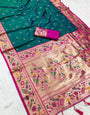 Stylish Rama Paithani Silk Saree With Incredible Blouse Piece