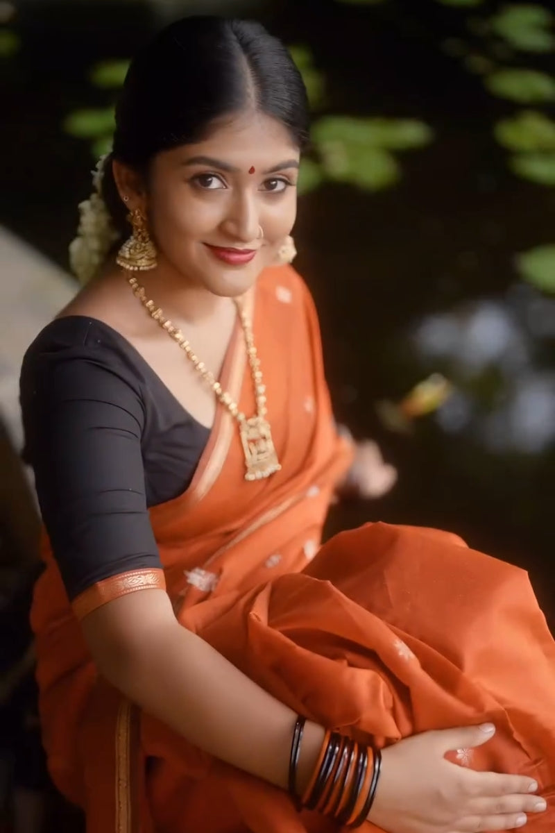 Grandiose Orange Cotton Silk Saree With Zephyr Blouse Piece
