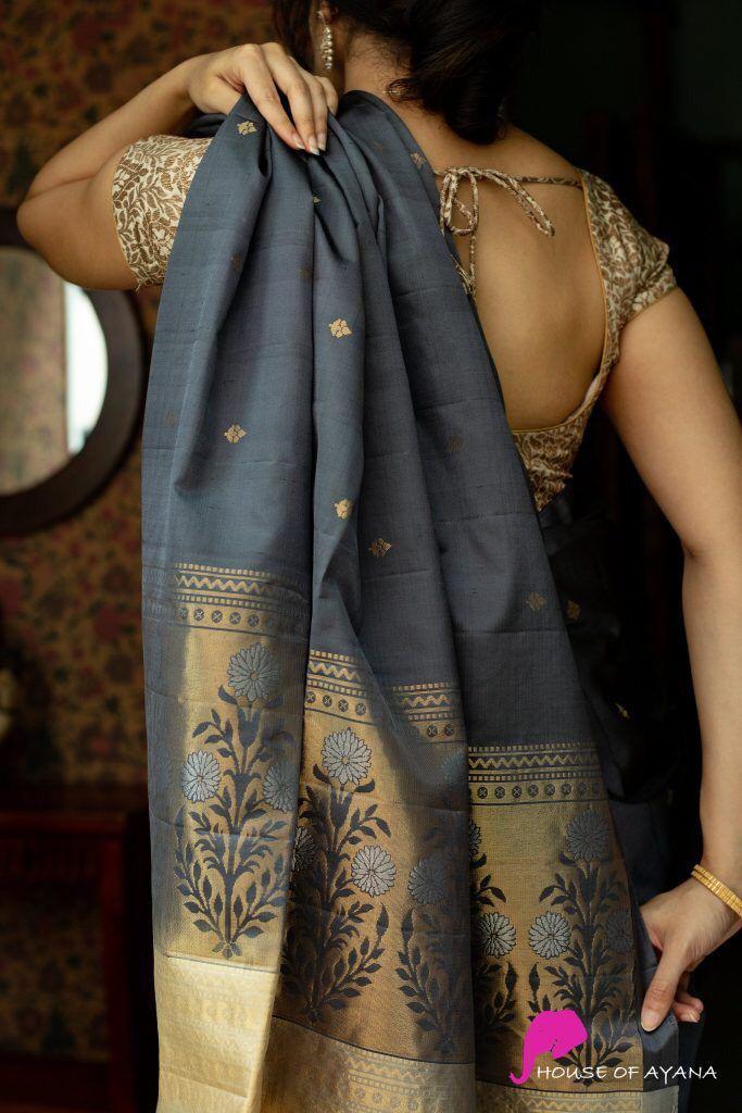 Jubilant Grey Soft Silk Saree With Ornate Blouse Piece