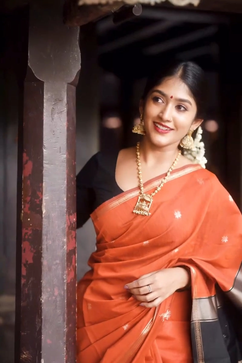 Grandiose Orange Cotton Silk Saree With Zephyr Blouse Piece