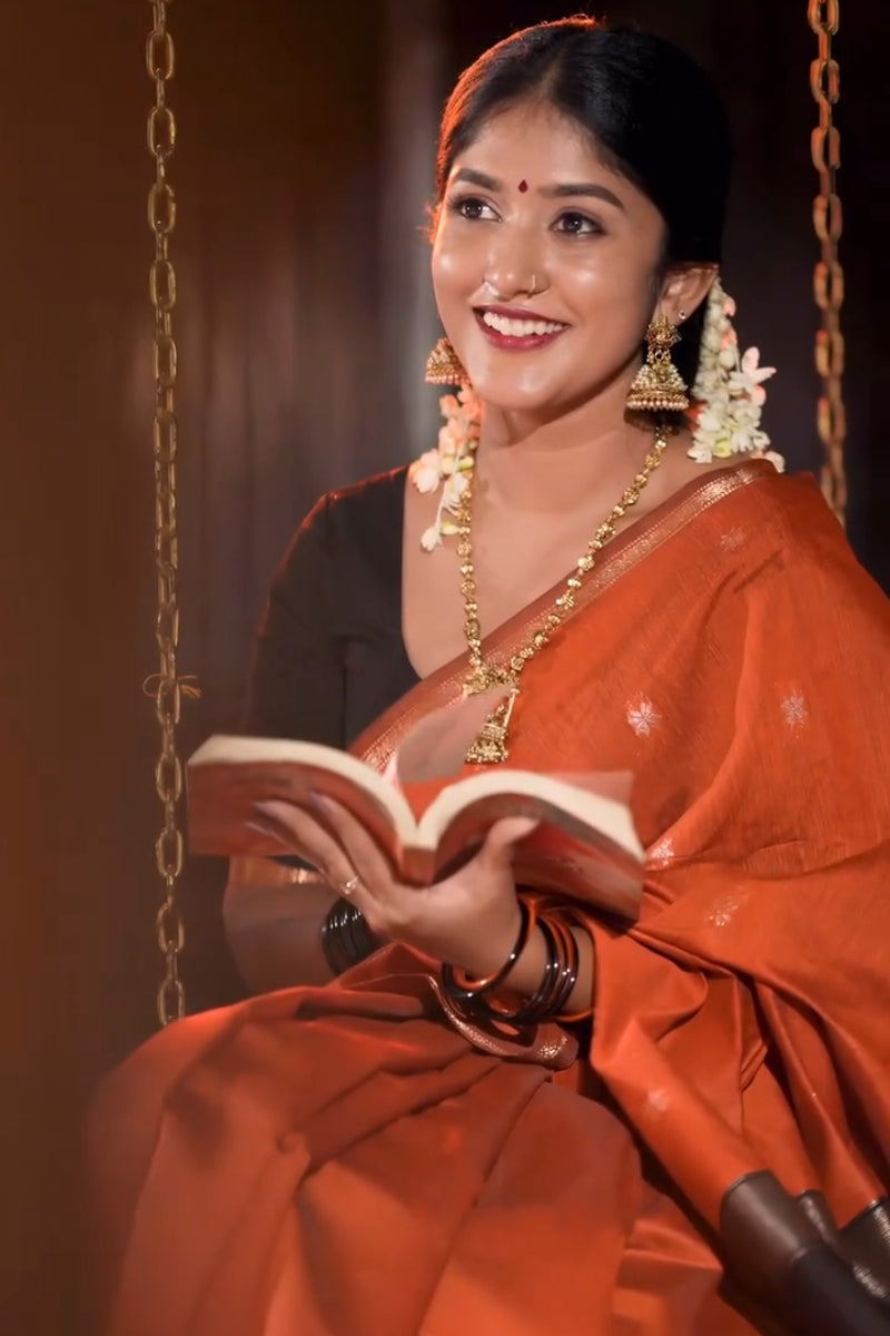 Grandiose Orange Cotton Silk Saree With Zephyr Blouse Piece