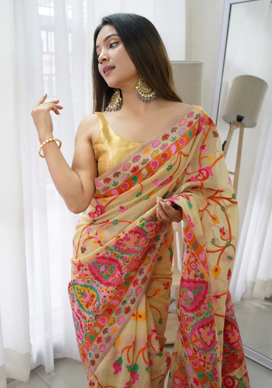 Classy Beige Pashmina saree With Verdant Blouse Piece