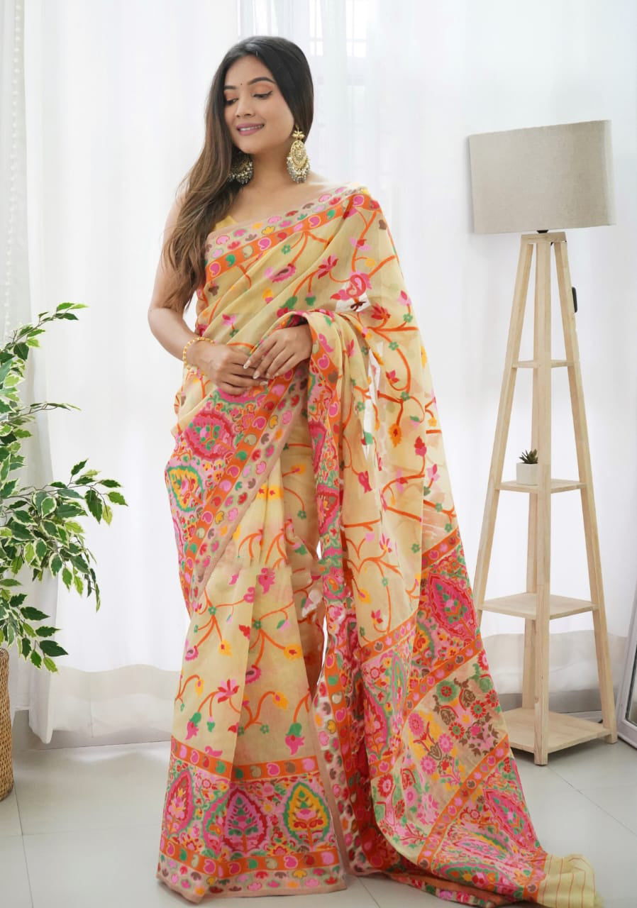 Classy Beige Pashmina saree With Verdant Blouse Piece