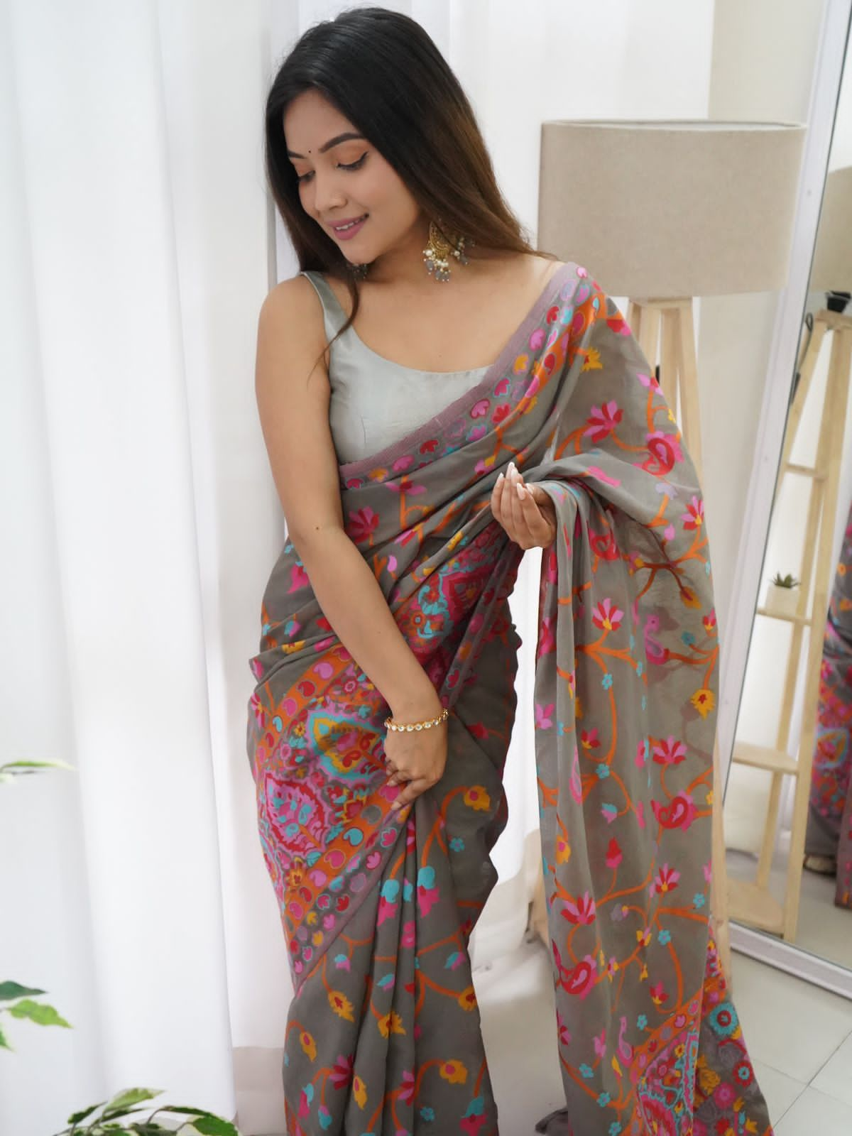 Pretty Grey Pashmina saree With Nectarous Blouse Piece