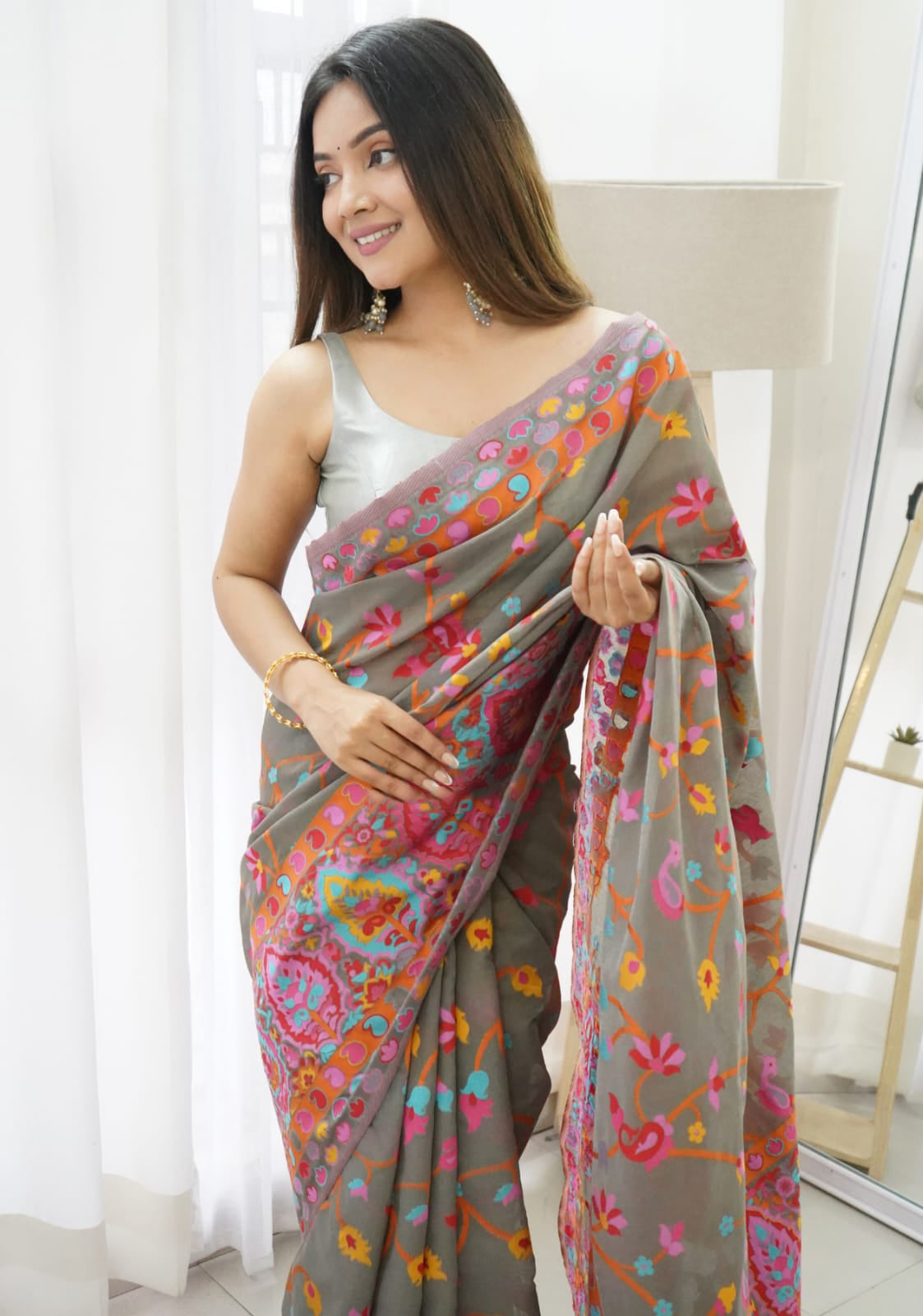 Pretty Grey Pashmina saree With Nectarous Blouse Piece