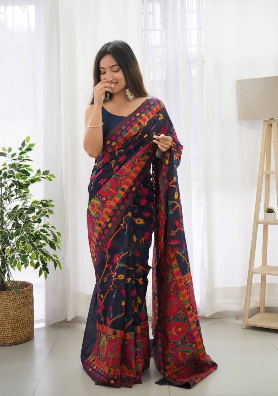 Ratatouille Navy Blue Pashmina saree With Incomparable Blouse Piece