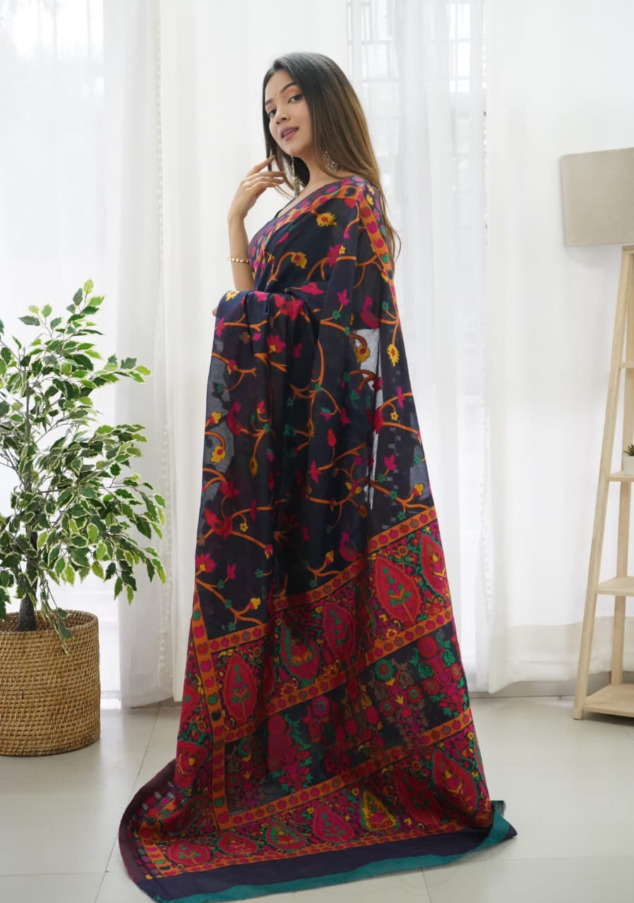 Ratatouille Navy Blue Pashmina saree With Incomparable Blouse Piece