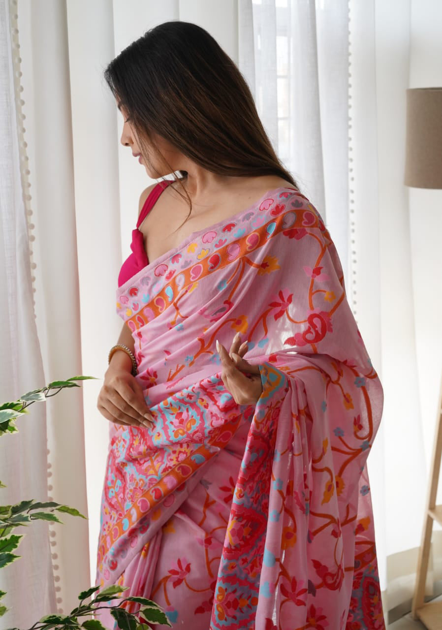 Amazing Pink Pashmina saree With Sonorous Blouse Piece