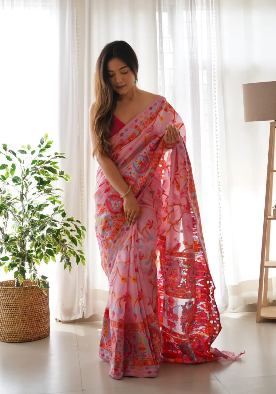 Amazing Pink Pashmina saree With Sonorous Blouse Piece