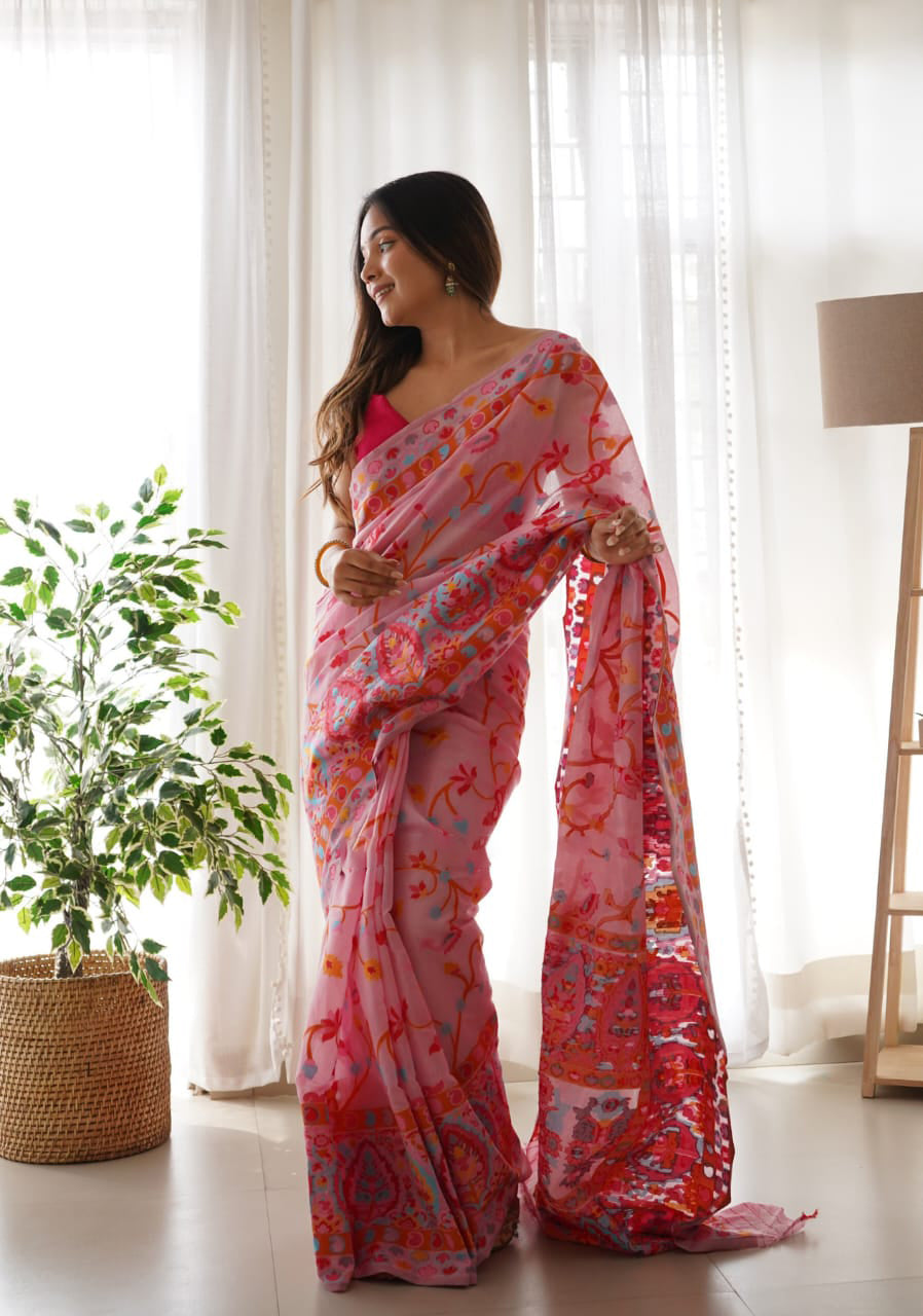 Amazing Pink Pashmina saree With Sonorous Blouse Piece