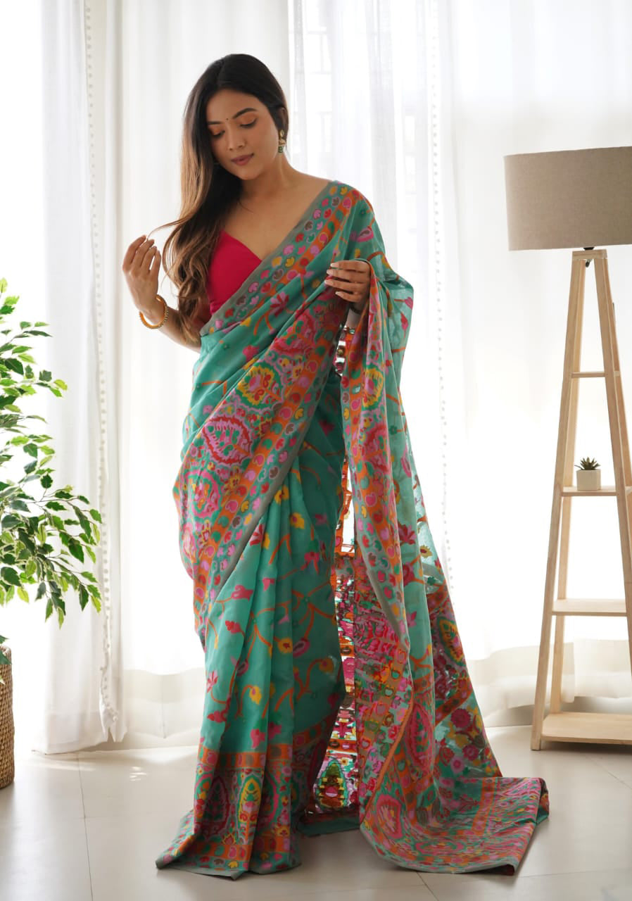 Flattering Rama Pashmina saree With Verdant Blouse Piece