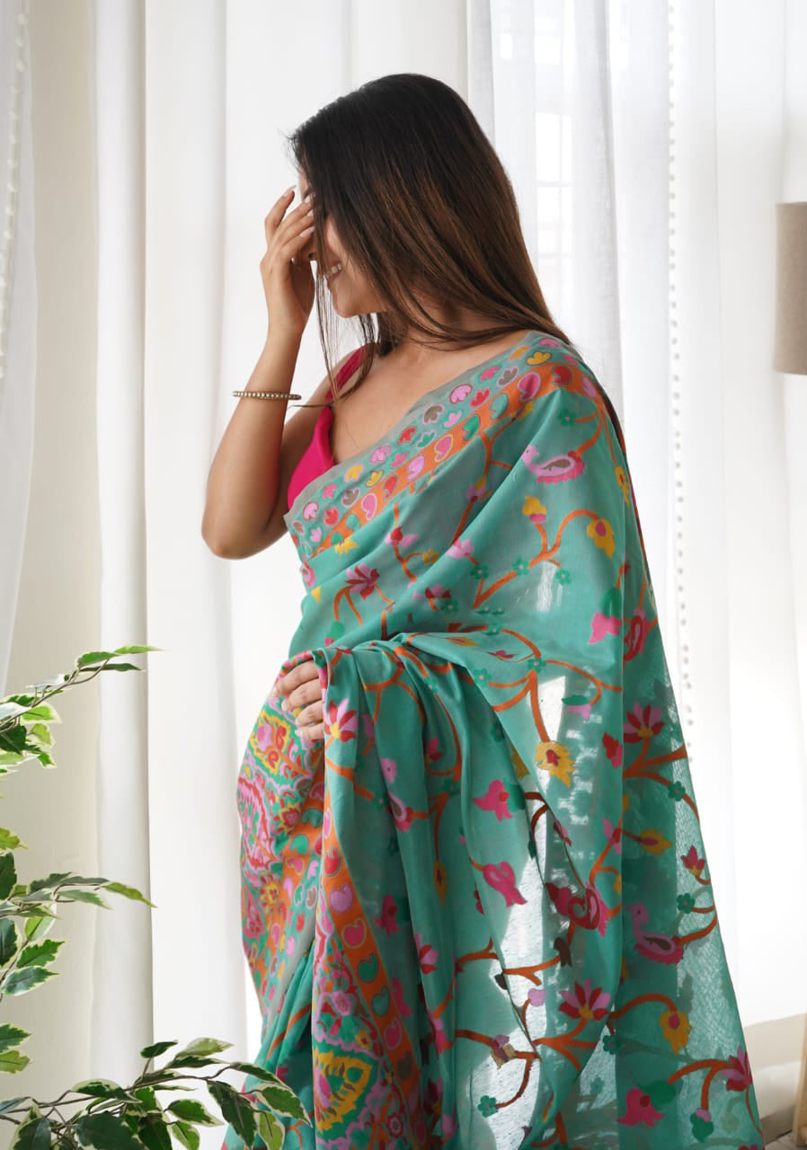 Flattering Rama Pashmina saree With Verdant Blouse Piece