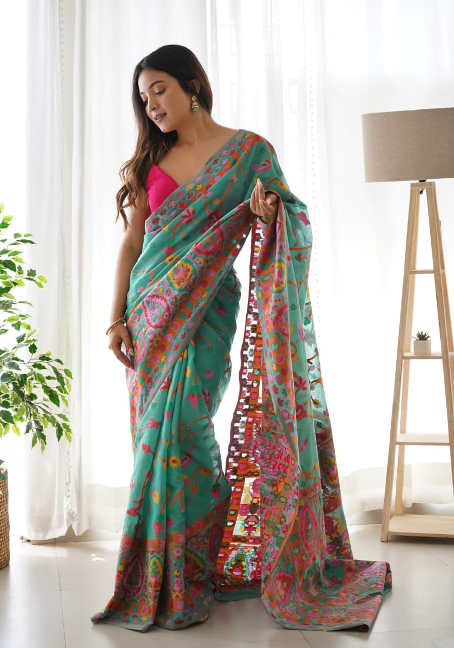 Flattering Rama Pashmina saree With Verdant Blouse Piece