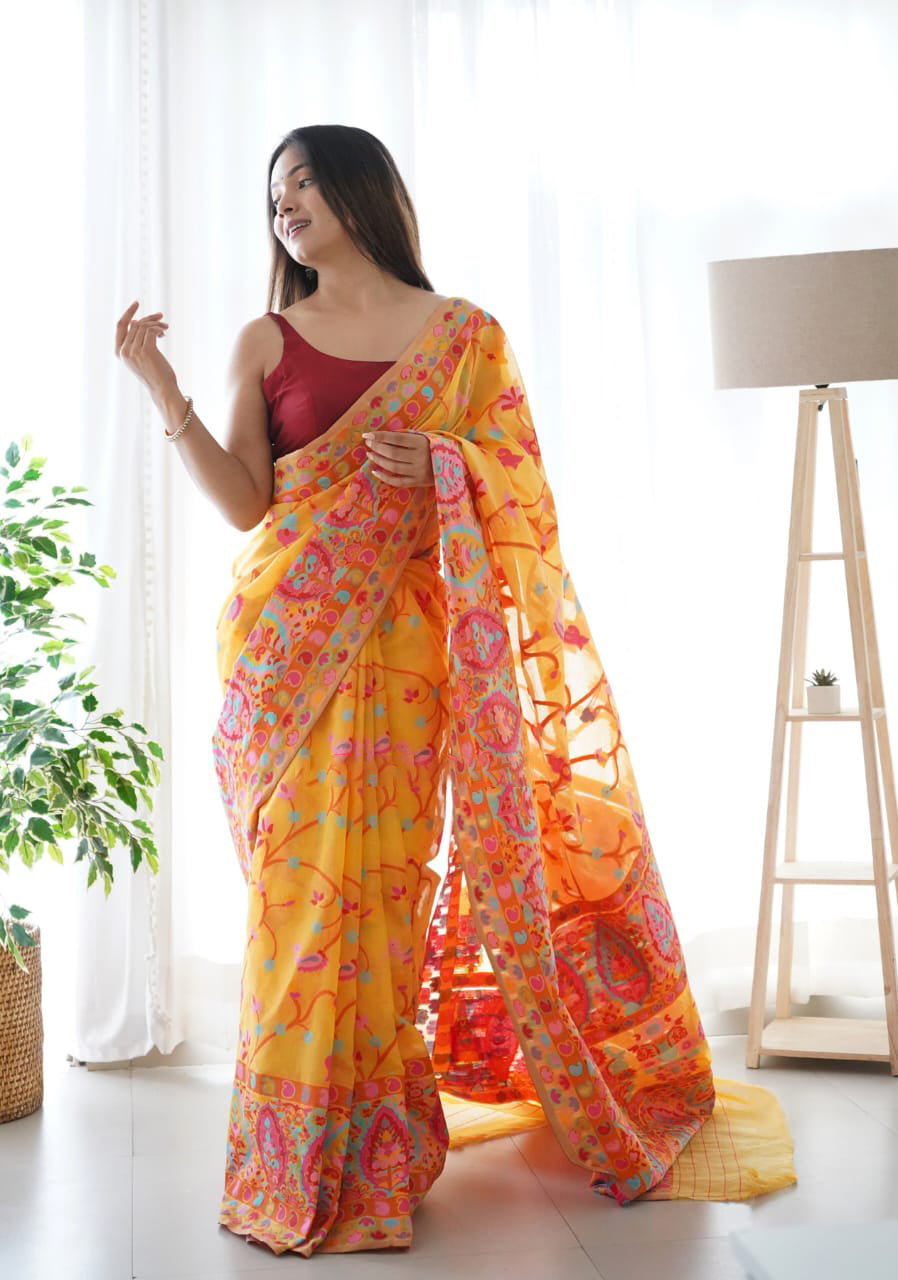 Elegant Yellow Pashmina saree With Scrupulous Blouse Piece