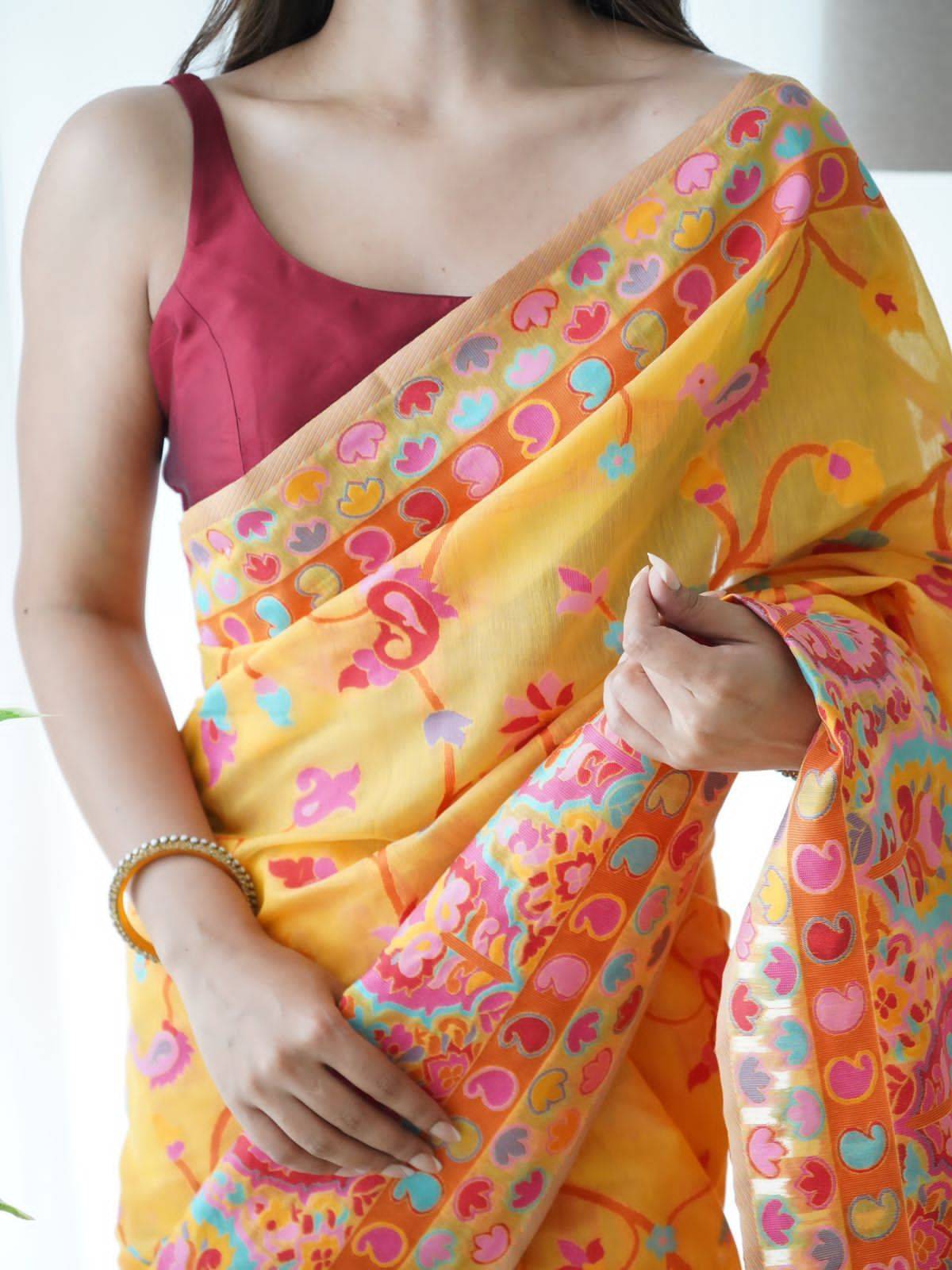 Elegant Yellow Pashmina saree With Scrupulous Blouse Piece