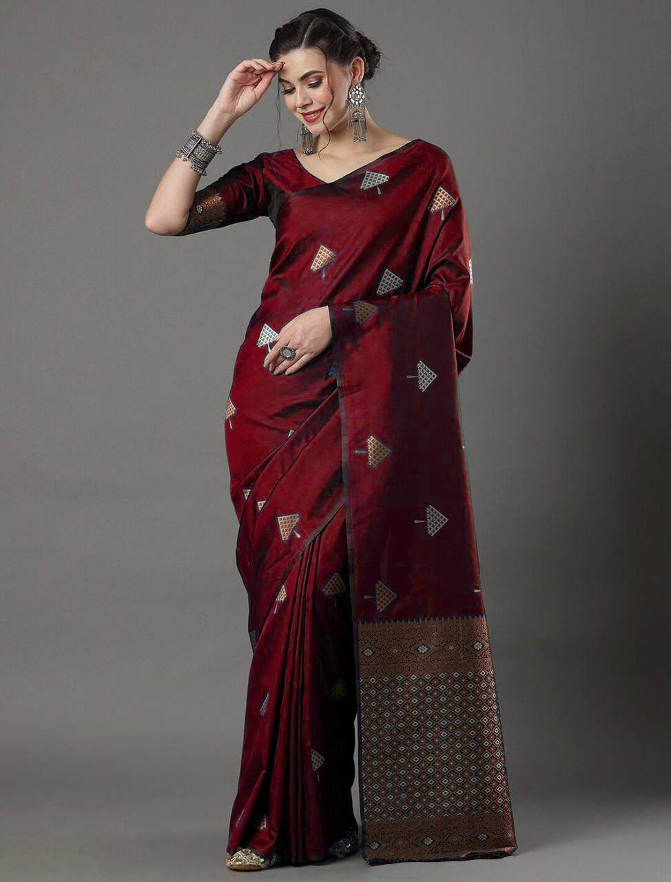 Aplomb Maroon Soft Silk Saree With Inimitable Blouse Piece