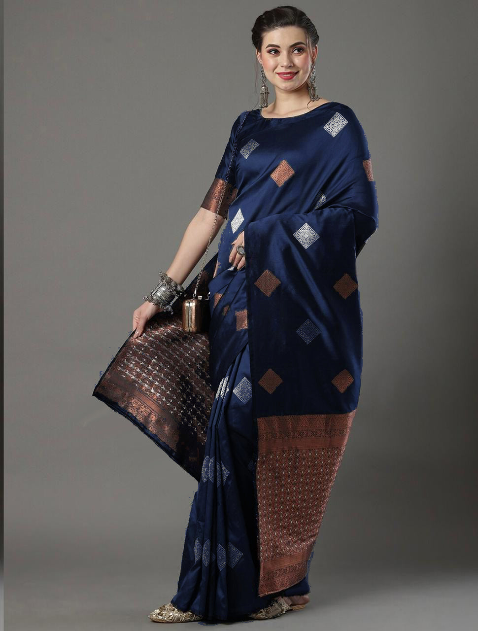 Enchanting Navy Blue Soft Silk Saree With Beguiling Blouse Piece