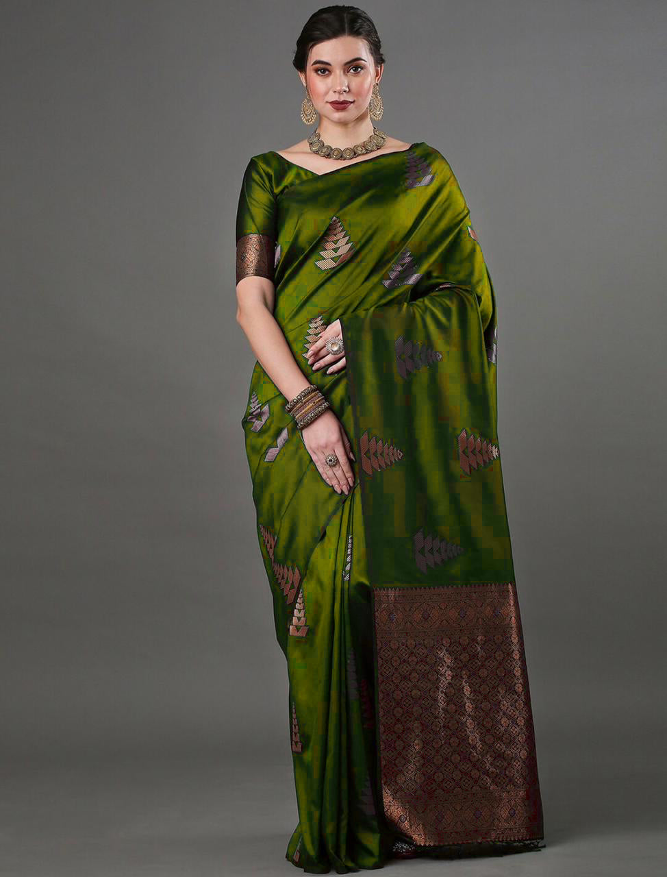 Allure Mahndi Soft Silk Saree With Rhapsody Blouse Piece