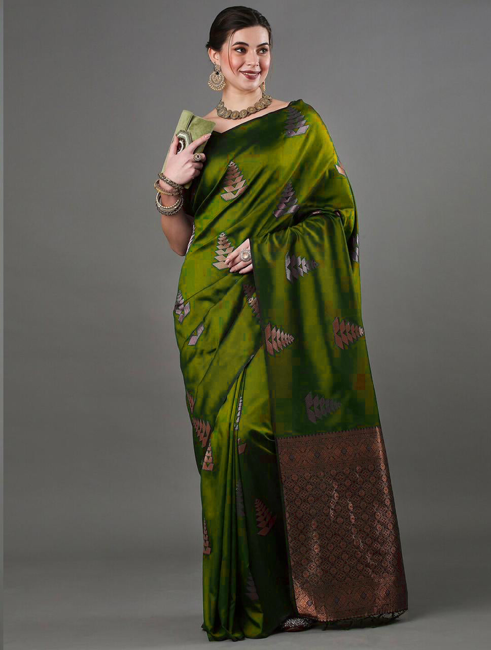 Allure Mahndi Soft Silk Saree With Rhapsody Blouse Piece