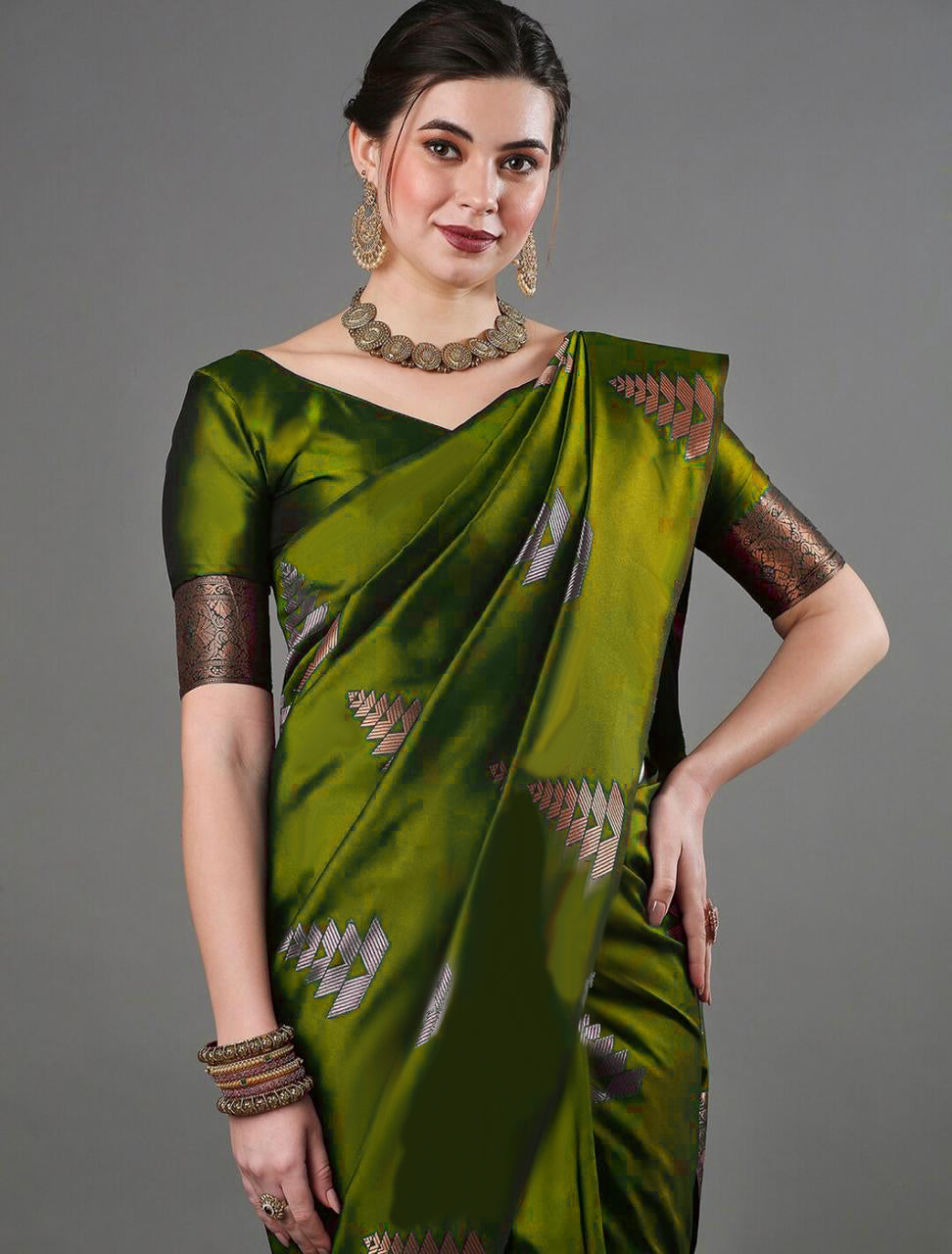 Allure Mahndi Soft Silk Saree With Rhapsody Blouse Piece