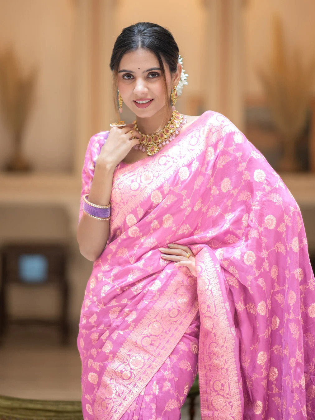 Captivating Baby Pink Soft Silk Saree With Diaphanous Blouse Piece