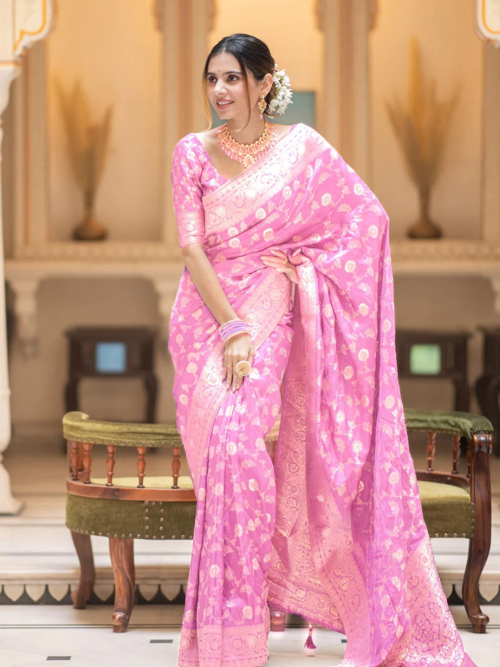 Captivating Baby Pink Soft Silk Saree With Diaphanous Blouse Piece