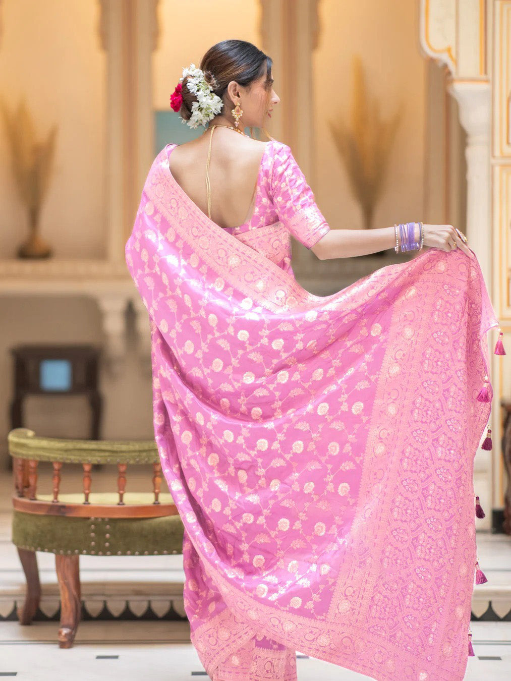 Captivating Baby Pink Soft Silk Saree With Diaphanous Blouse Piece