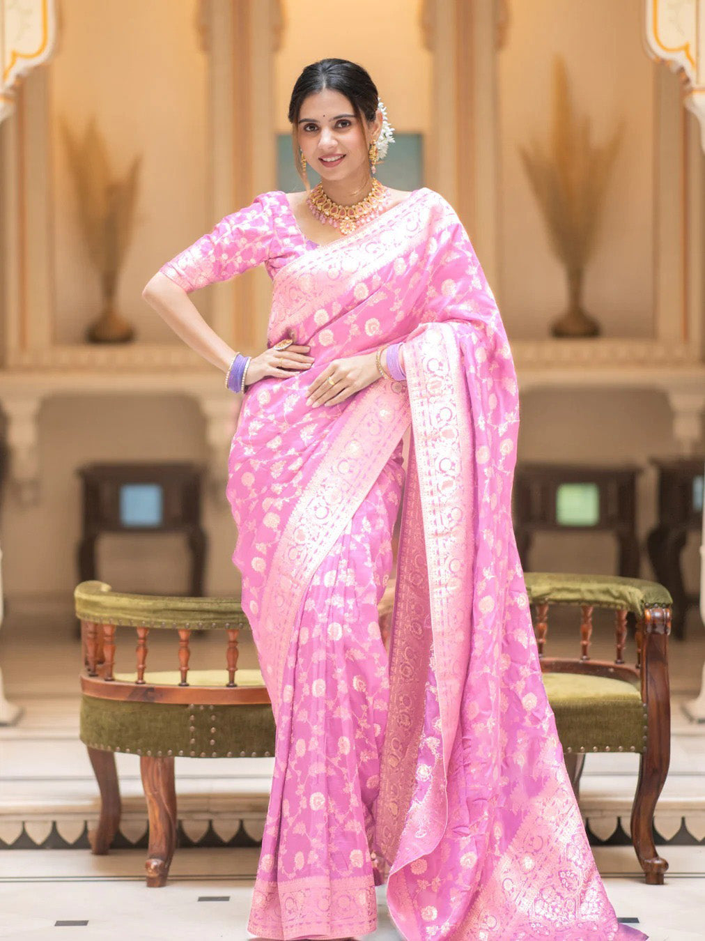 Captivating Baby Pink Soft Silk Saree With Diaphanous Blouse Piece