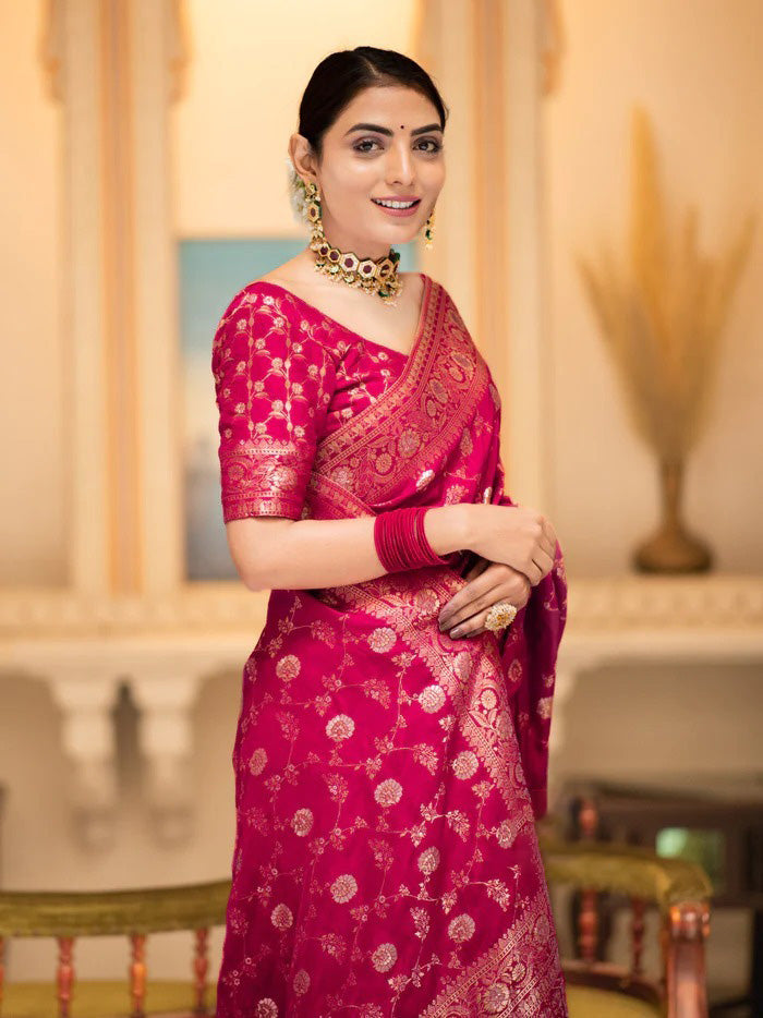 Arresting Dark Pink Soft Silk Saree With Desultory Blouse Piece