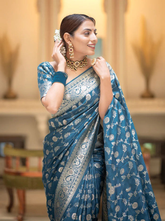 Radiant Firozi Soft Silk Saree With Flattering Blouse Piece