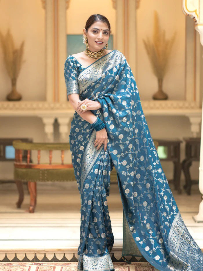 Radiant Firozi Soft Silk Saree With Flattering Blouse Piece