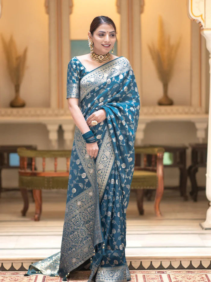 Radiant Firozi Soft Silk Saree With Flattering Blouse Piece