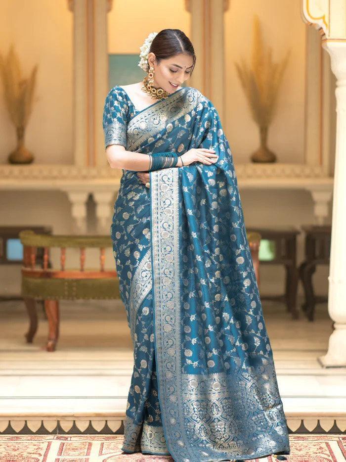 Radiant Firozi Soft Silk Saree With Flattering Blouse Piece