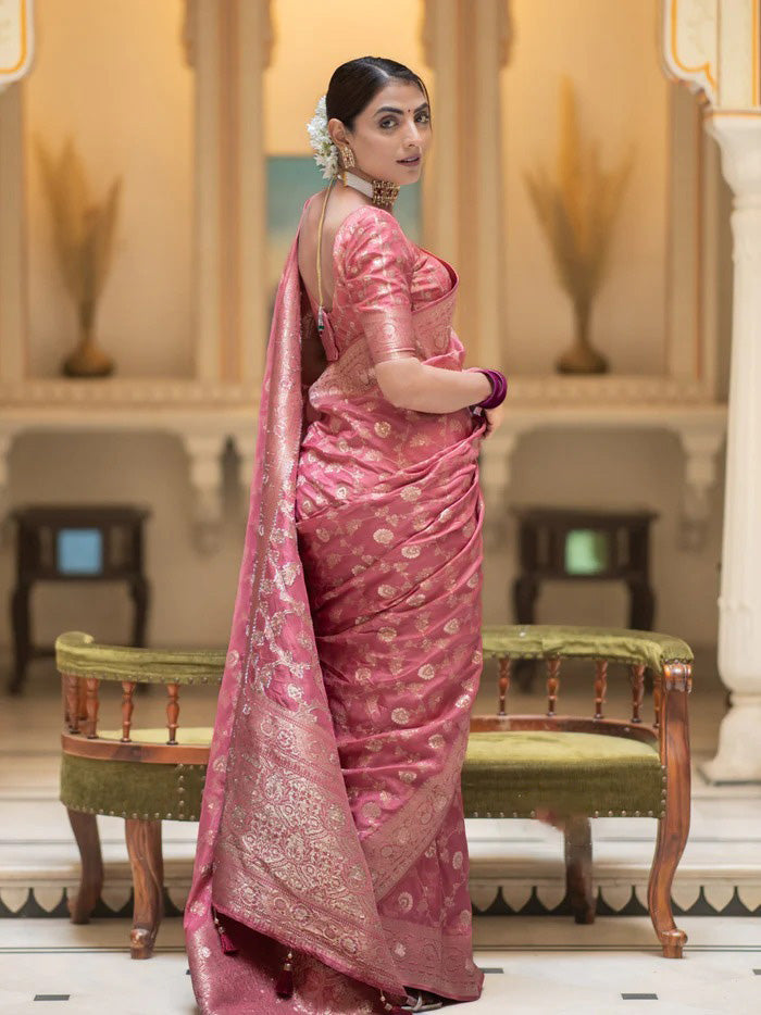 Panache Pink Soft Silk Saree With Elegant Blouse Piece