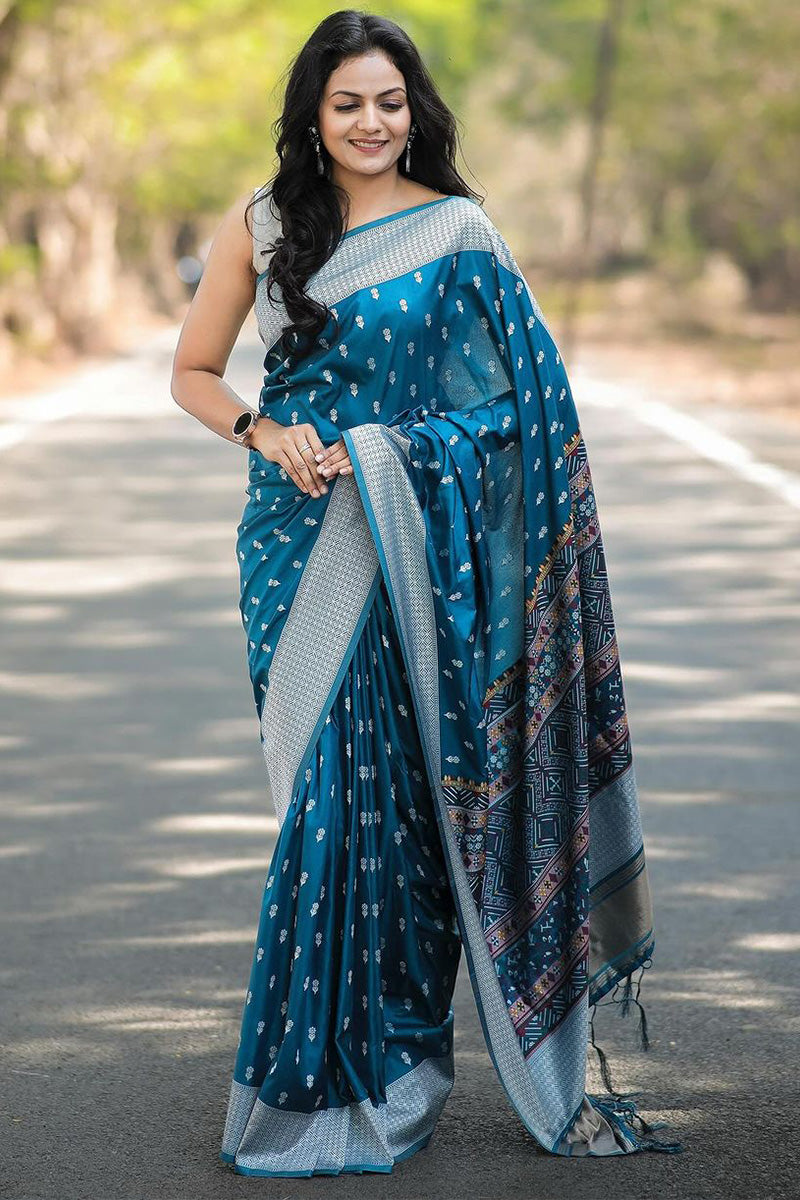 Capricious Teal Blue Cotton Silk Saree With Desirable Blouse Piece