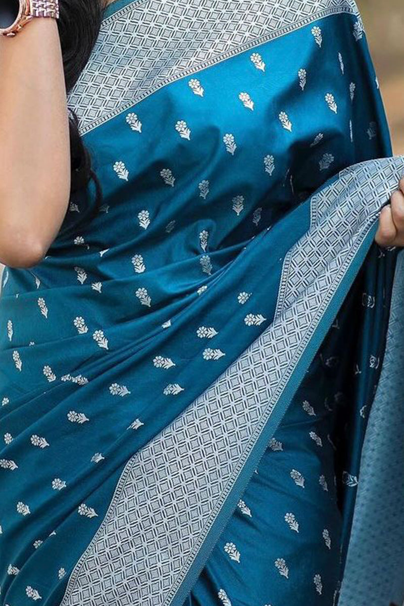 Capricious Teal Blue Cotton Silk Saree With Desirable Blouse Piece