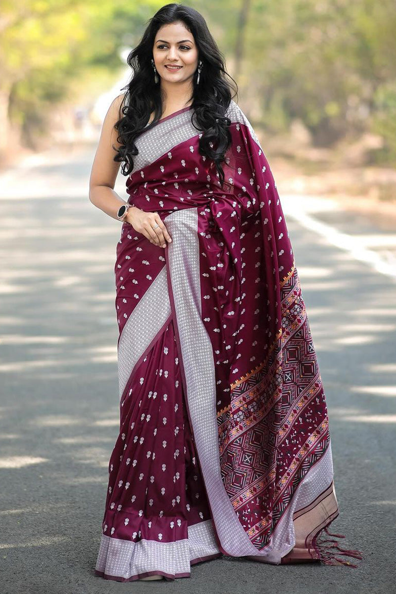 Magnificat Wine Cotton Silk Saree With Opulent Blouse Piece