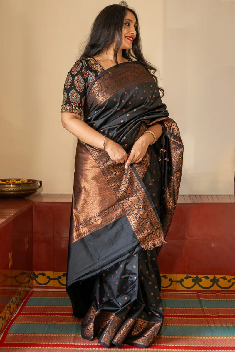 Brood Black Soft Silk Saree With Ratatouille Blouse Piece