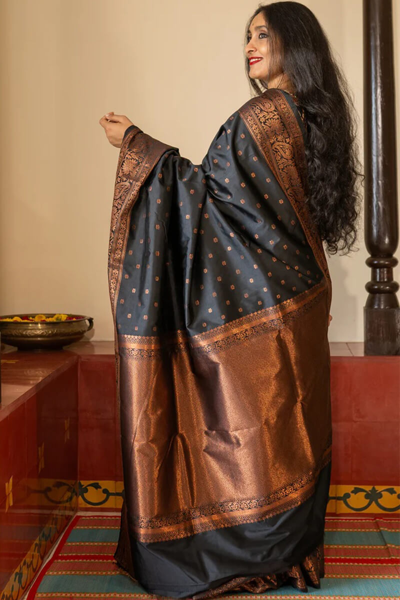 Brood Black Soft Silk Saree With Ratatouille Blouse Piece