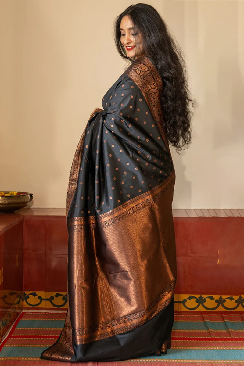 Brood Black Soft Silk Saree With Ratatouille Blouse Piece