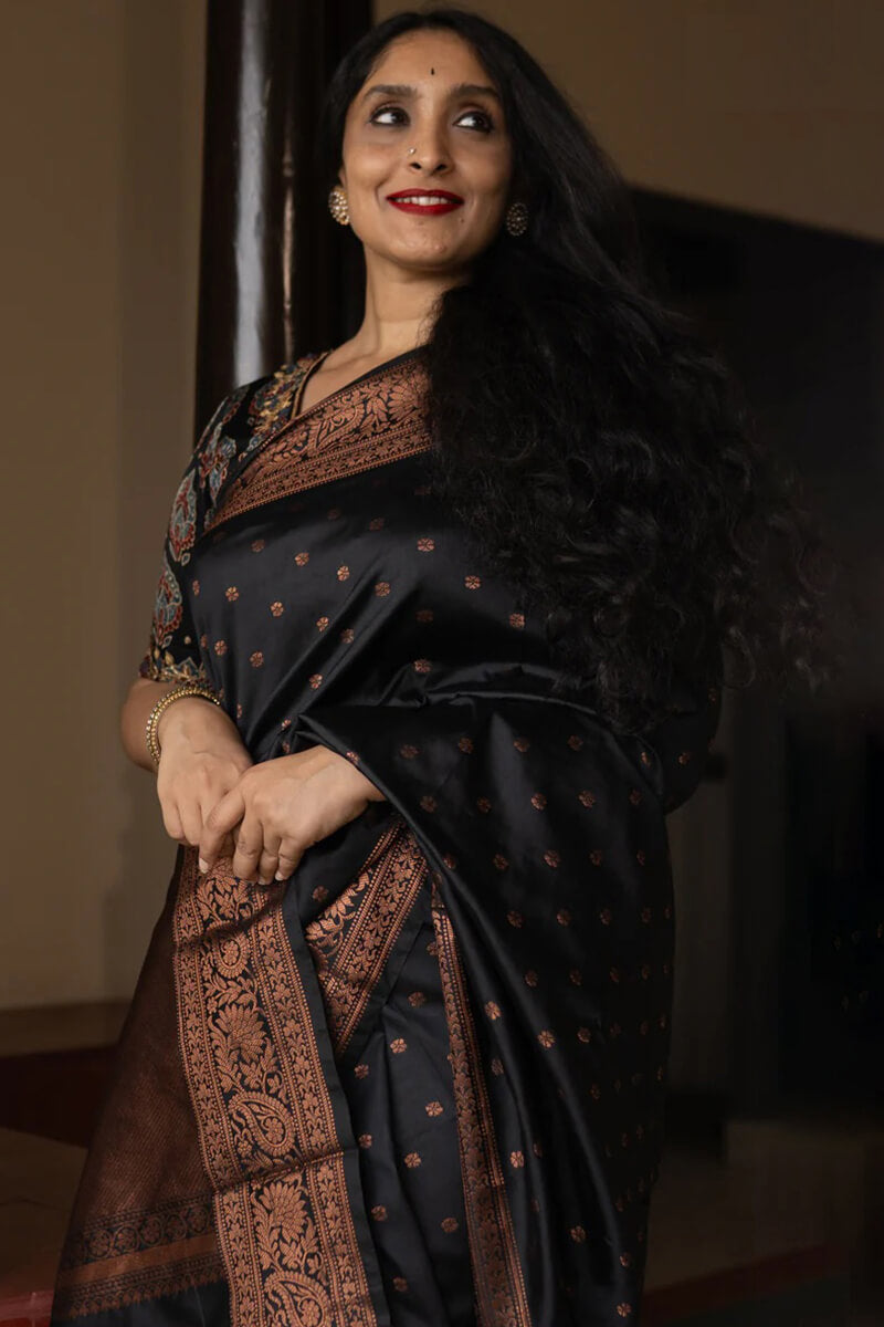 Brood Black Soft Silk Saree With Ratatouille Blouse Piece