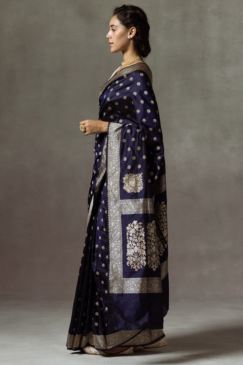 Ravishing Navy Blue Soft Silk Saree With Skinny Blouse Piece