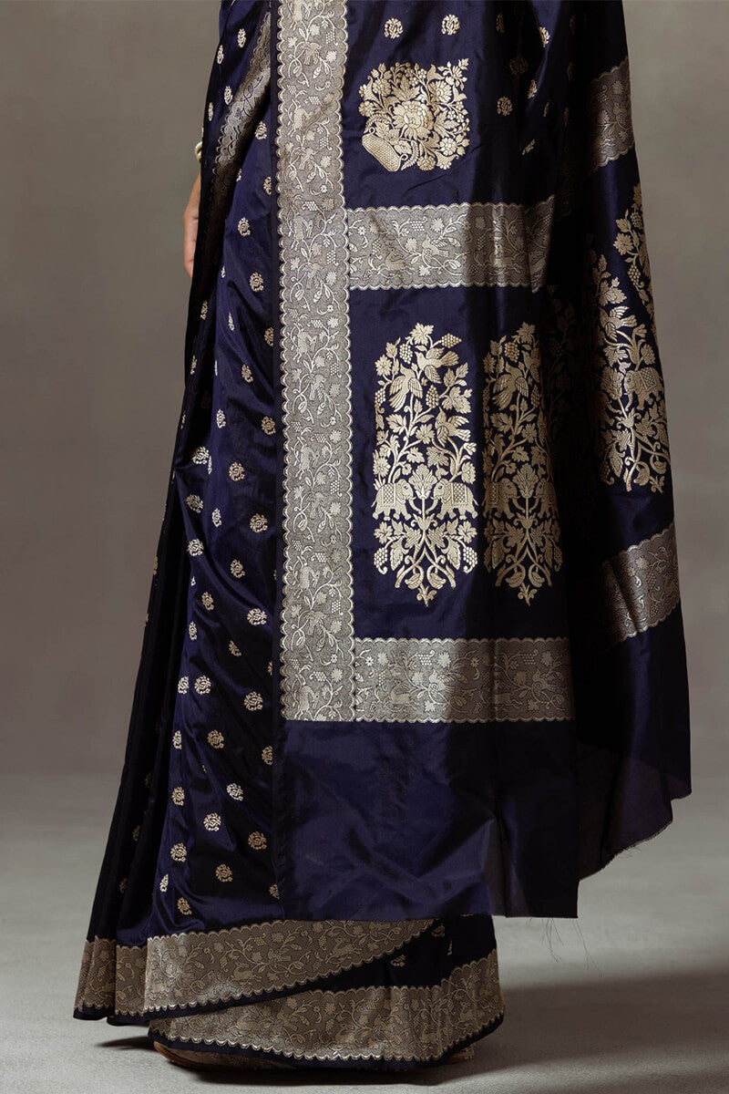 Ravishing Navy Blue Soft Silk Saree With Skinny Blouse Piece