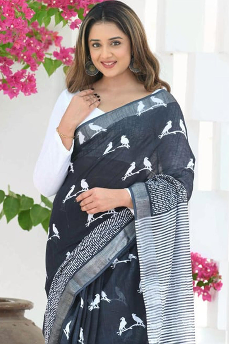 Prominent Black Cotton Silk Saree With Ailurophile Blouse Piece