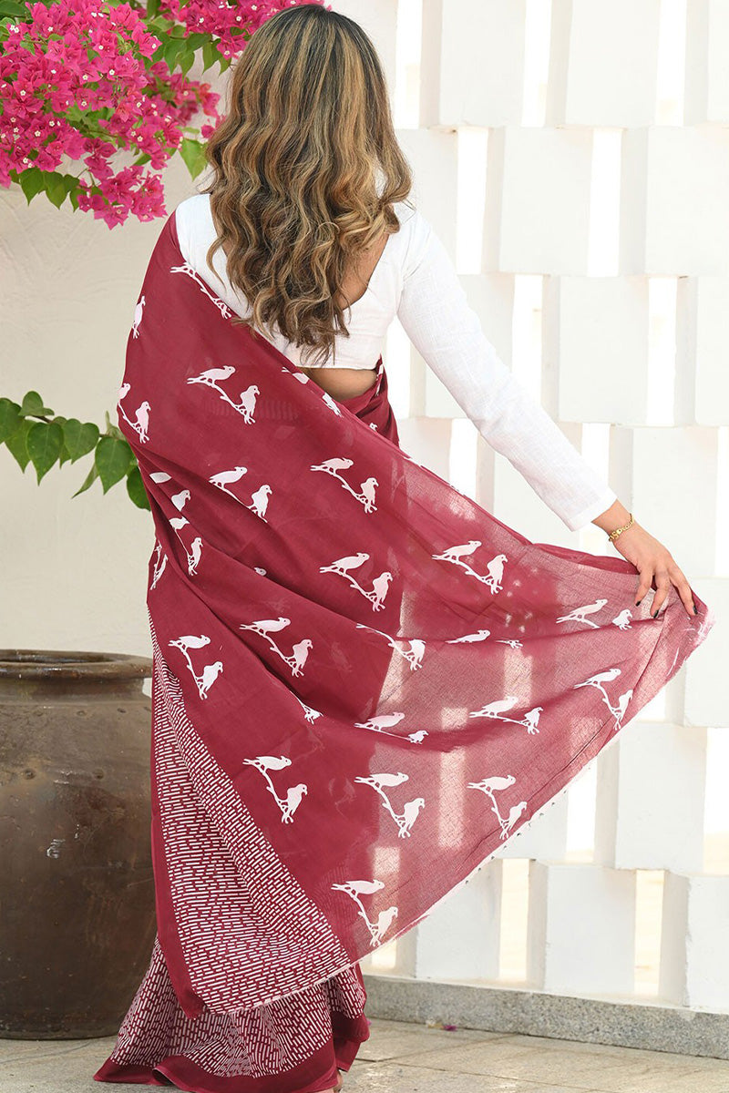 Mesmeric Maroon Cotton Silk Saree With Brood Blouse Piece