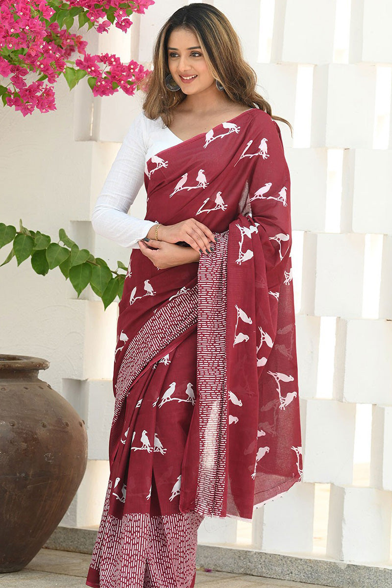 Mesmeric Maroon Cotton Silk Saree With Brood Blouse Piece