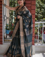 Breathtaking Black Linen Silk Saree With Traditional Blouse Piece