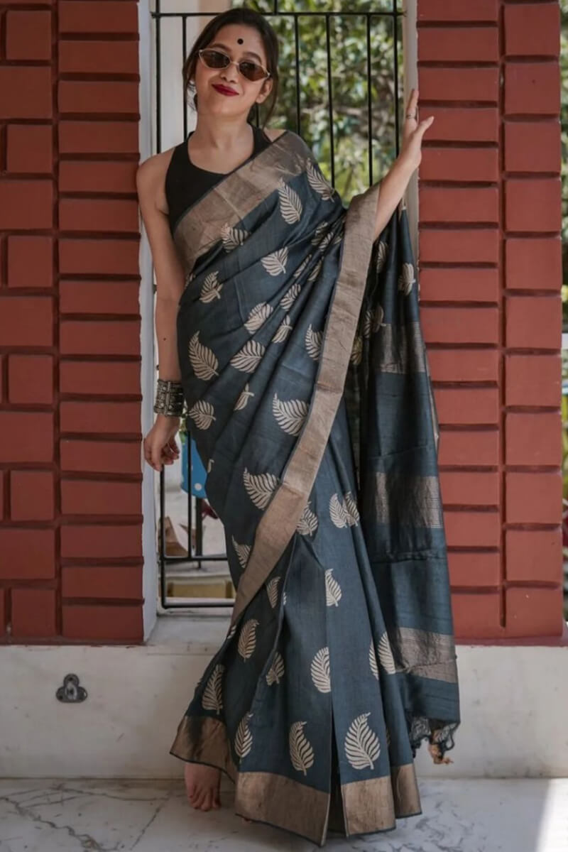 Breathtaking Black Linen Silk Saree With Traditional Blouse Piece