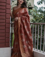 Engrossing Brown Linen Silk Saree With Super extravagant Blouse Piece