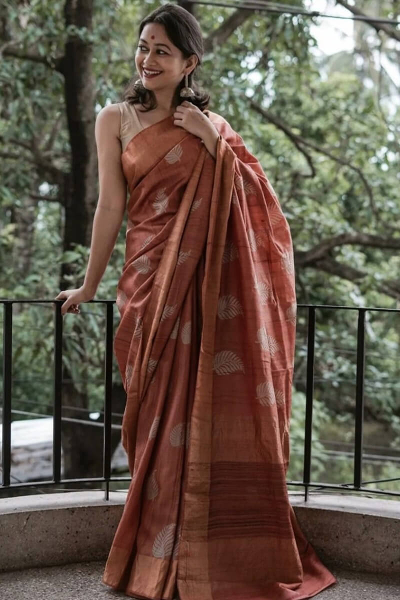 Engrossing Brown Linen Silk Saree With Super extravagant Blouse Piece